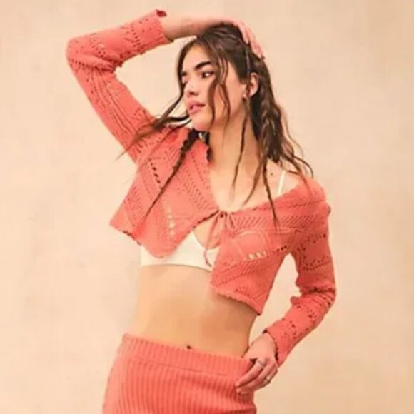 Free People Beach NWT Morgan Fauxchet Knit Tie Front Cardigan in Coral Orange, M - Picture 2 of 14